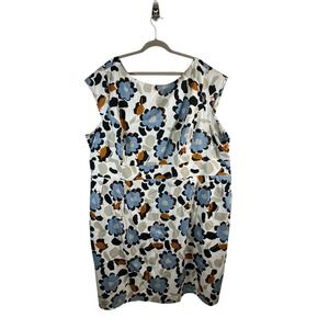 Floral Cap Sleeve Sheath Dress Blue White Tan V-Back Cotton Blend Plus Size